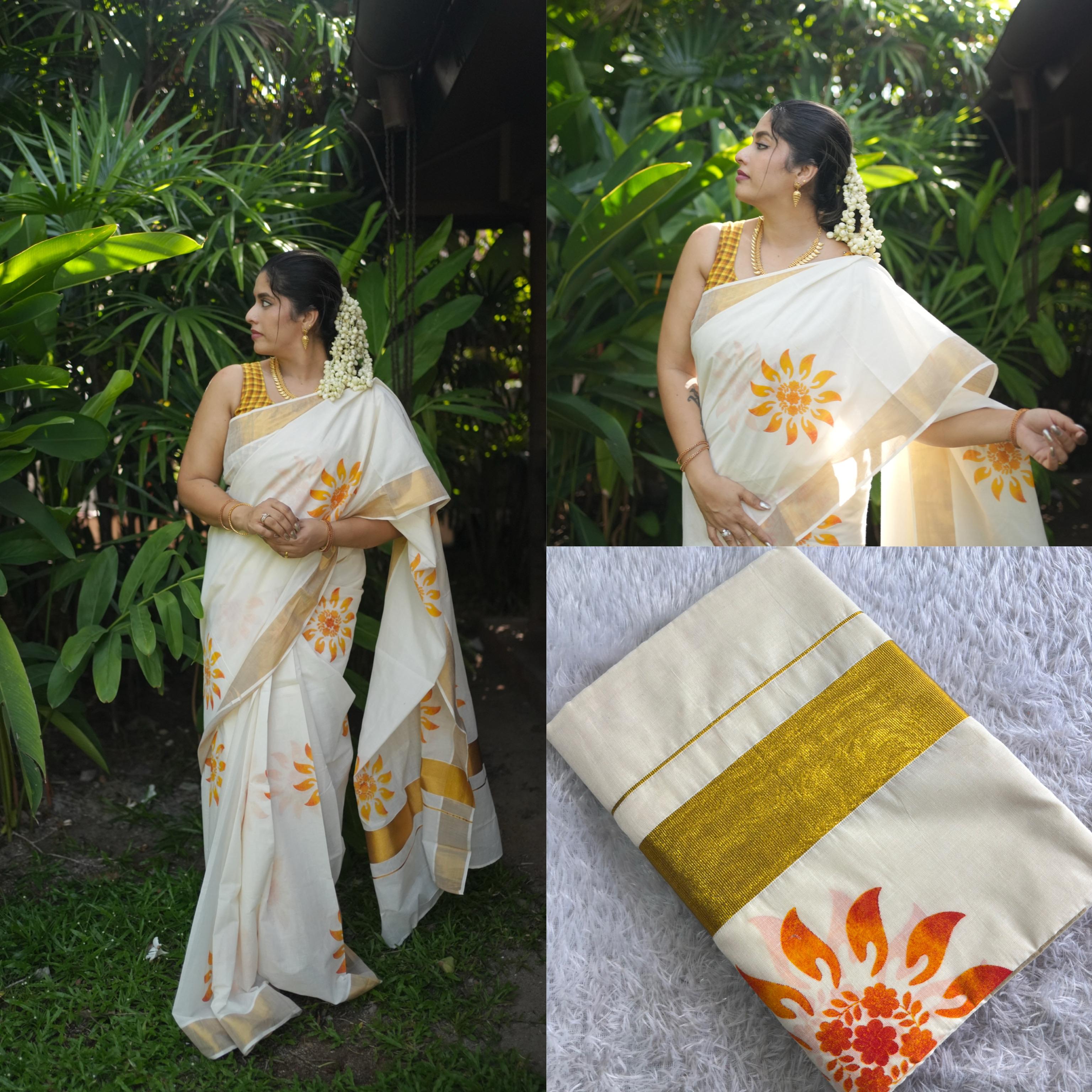 🌻 Suryakanthi – Sunflower Kerala Cotton Saree 🌻 - KBG