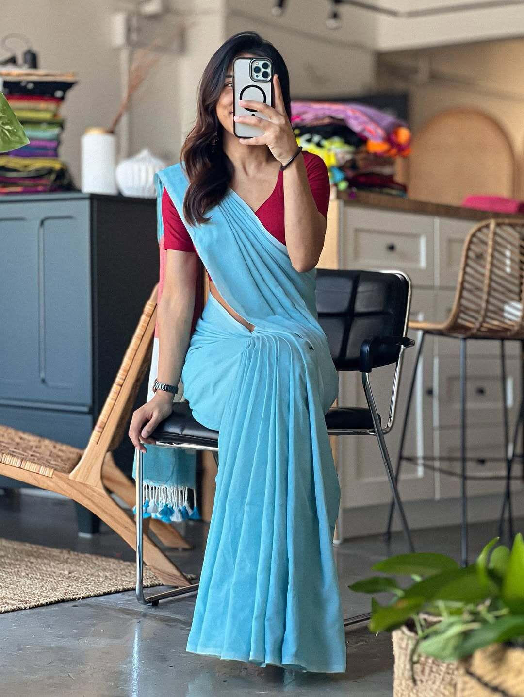 Sky blue S Khadi cotton saree - KBG