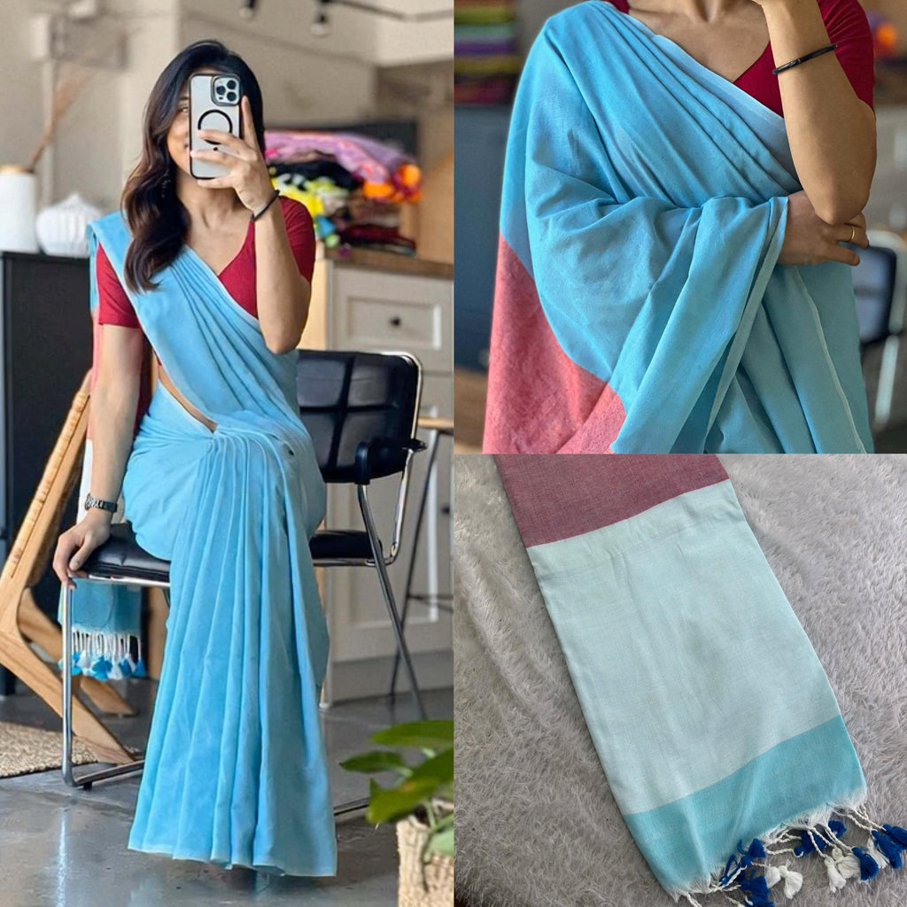 Sky blue S Khadi cotton saree - KBG