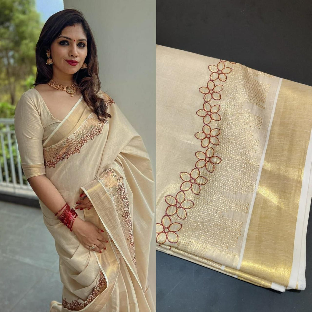 Flower Shed Golden Tissue Embroidered Saree -KBG
