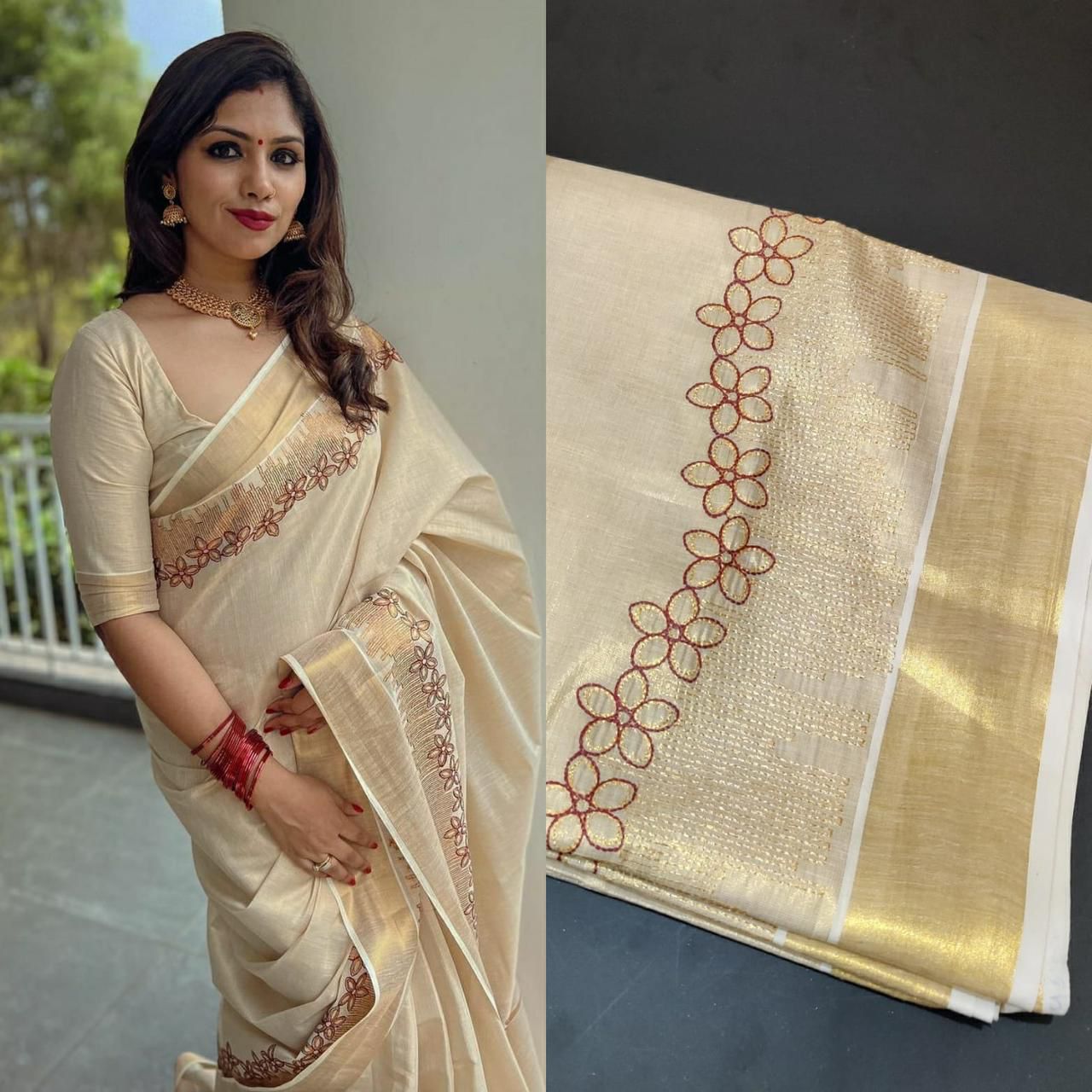 Flower Shed Golden Tissue Embroidered Saree -KBG