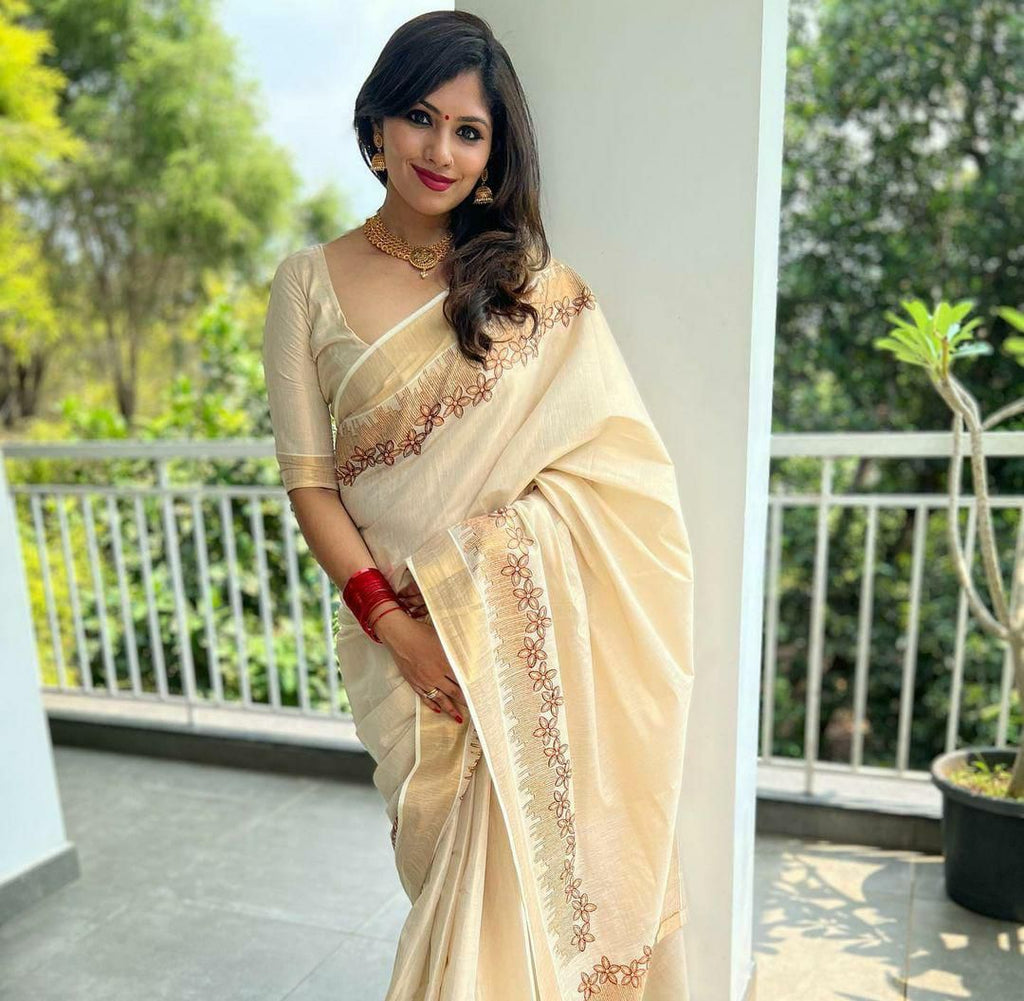 Flower Shed Golden Tissue Embroidered Saree -KBG