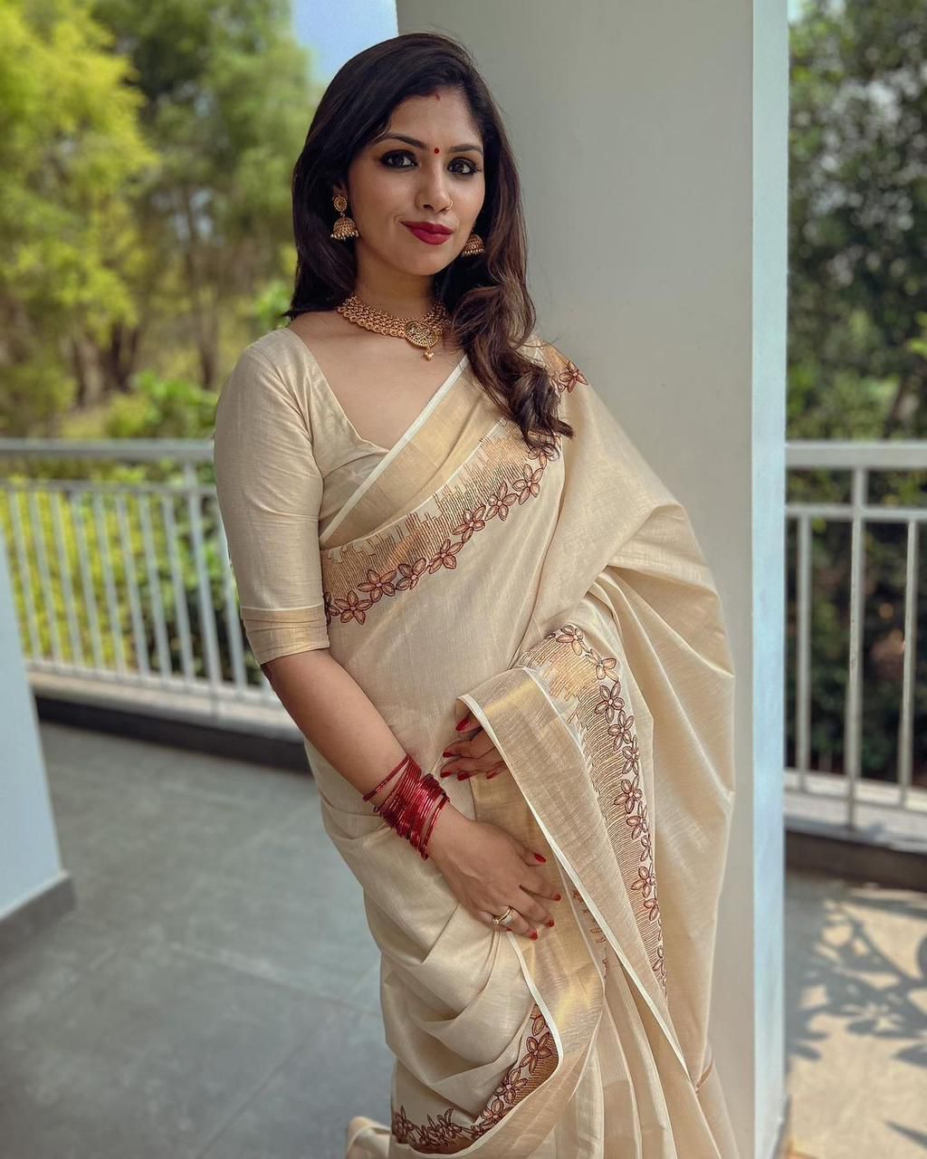 Flower Shed Golden Tissue Embroidered Saree -KBG