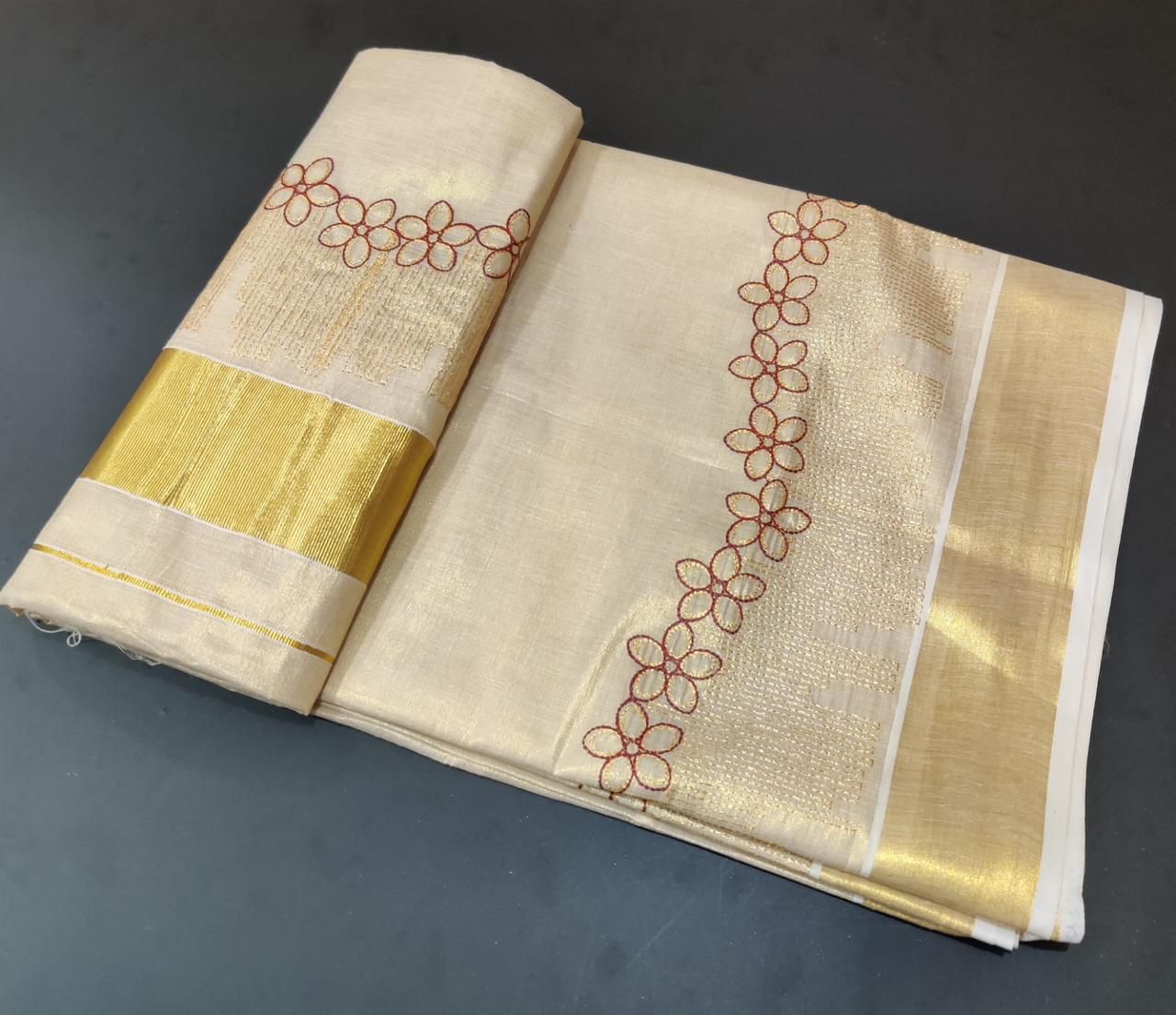 Flower Shed Golden Tissue Embroidered Saree -KBG
