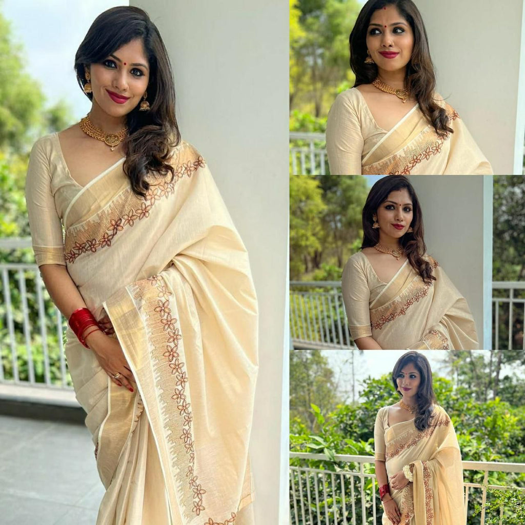 Flower Shed Golden Tissue Embroidered Saree -KBG