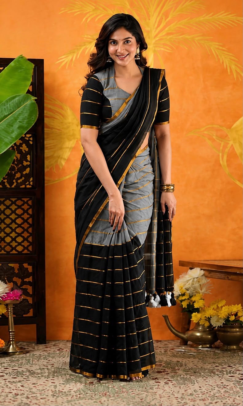 Double Patta Mulmul Cotton Saree - DKS