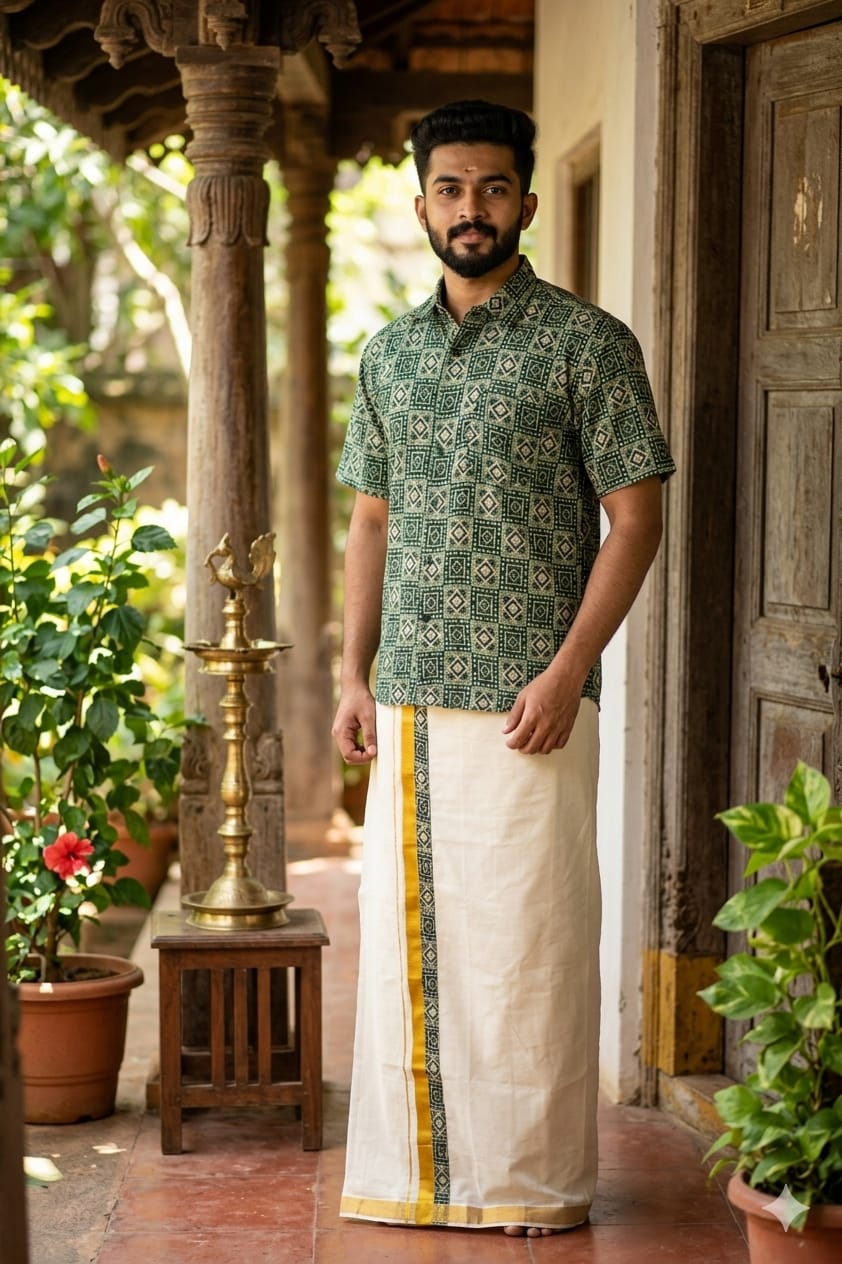 Rayon Printed Shirt & Mundu - KBG