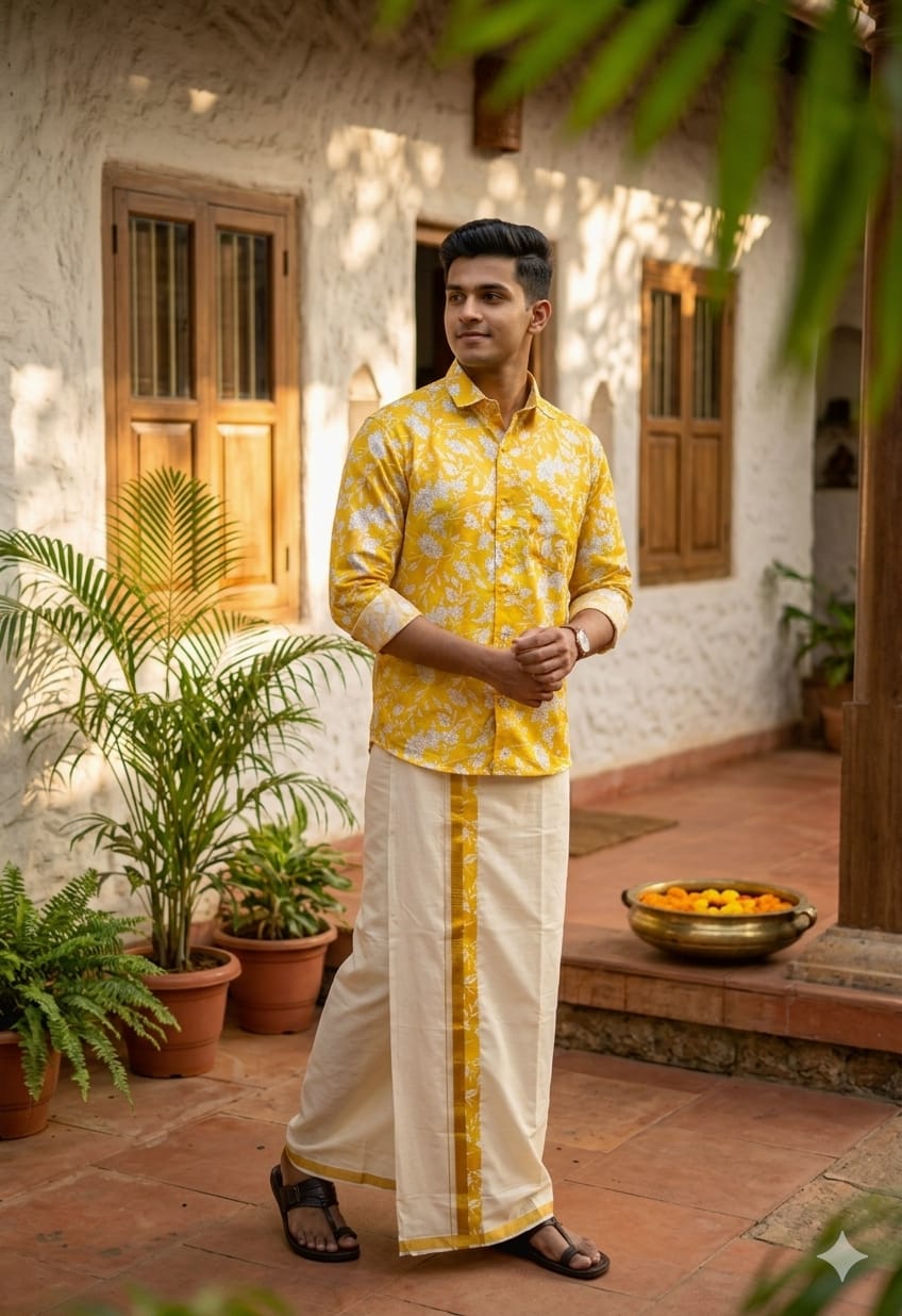 Rayon Printed Shirt & Mundu  - KBG