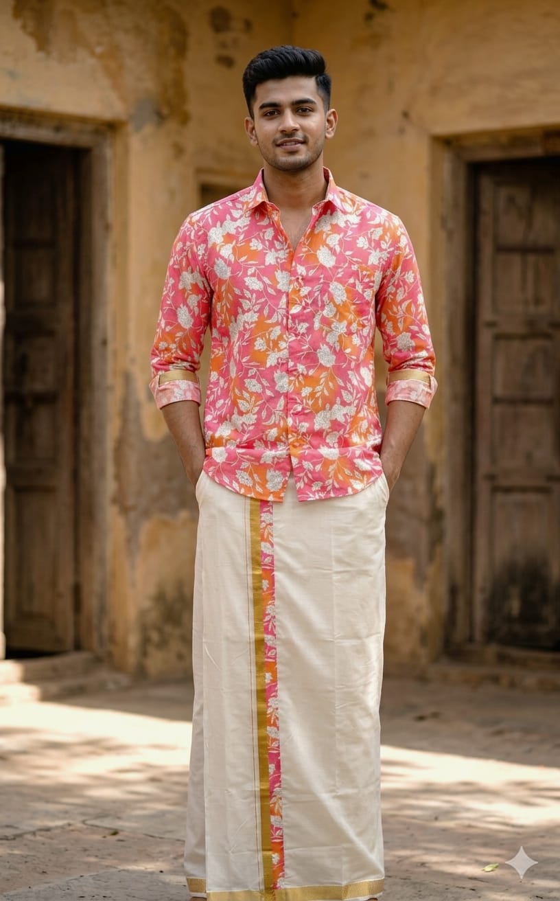 Rayon Printed Shirt & Mundu  - KBG