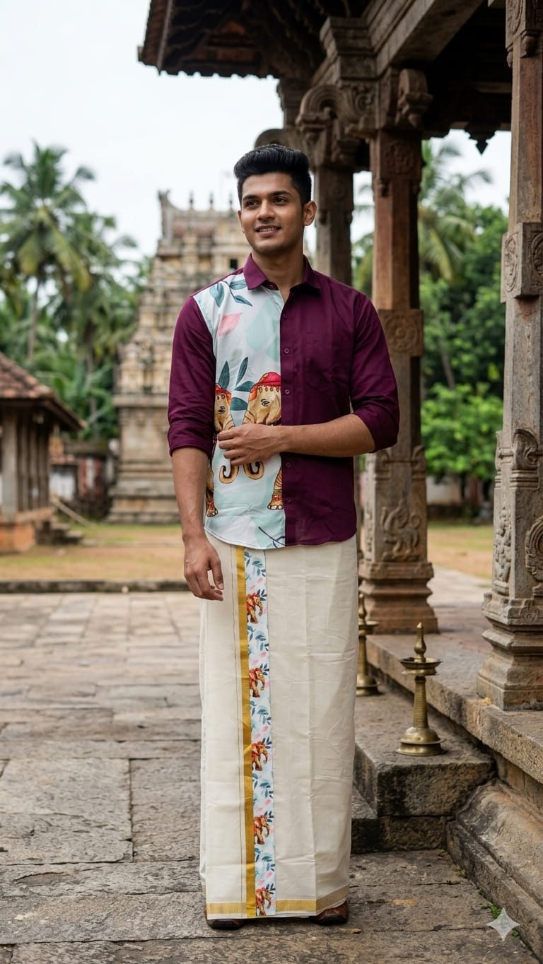 SD One Side Printed Shirt and Mundu combo - KBG