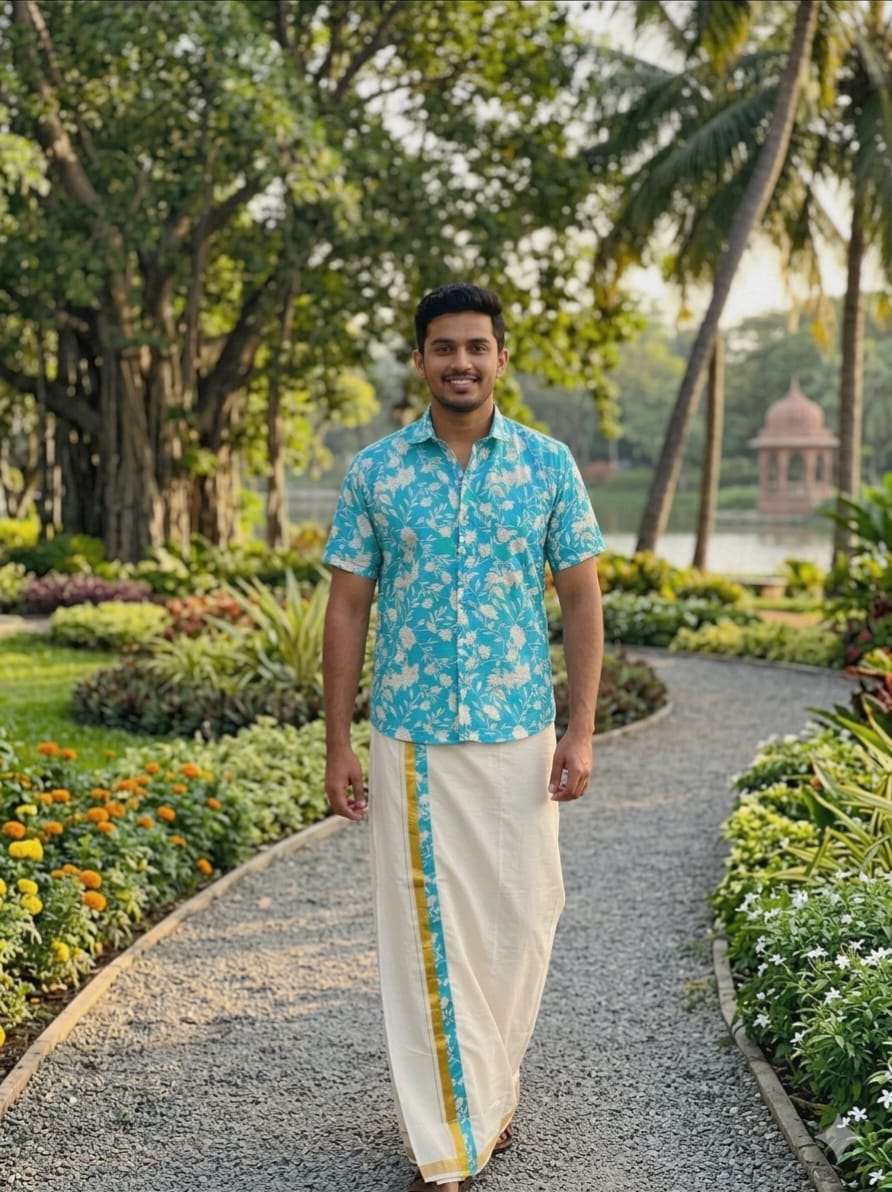 Rayon Printed Shirt & Mundu  - KBG