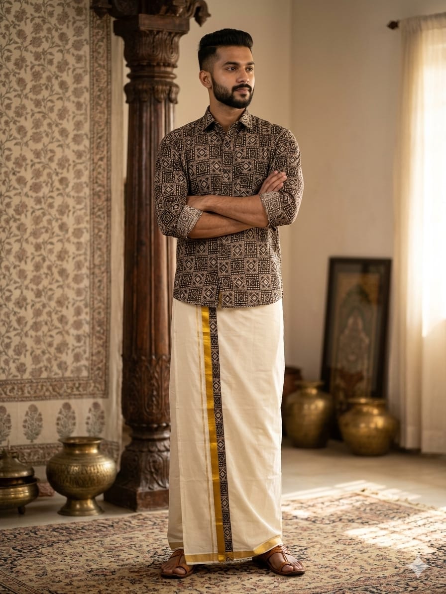 Rayon Printed Shirt & Mundu - KBG