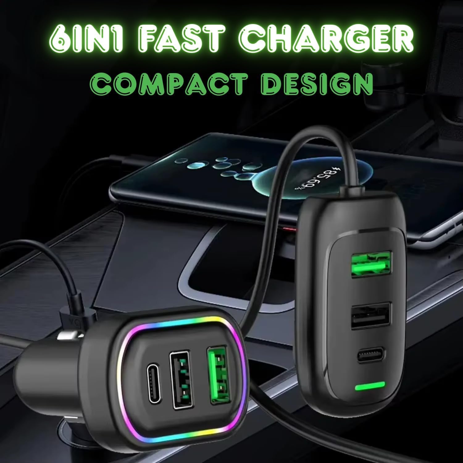 Rgb Breathing Light Multi Port Car Usb Charger (1 Set 1.5m)